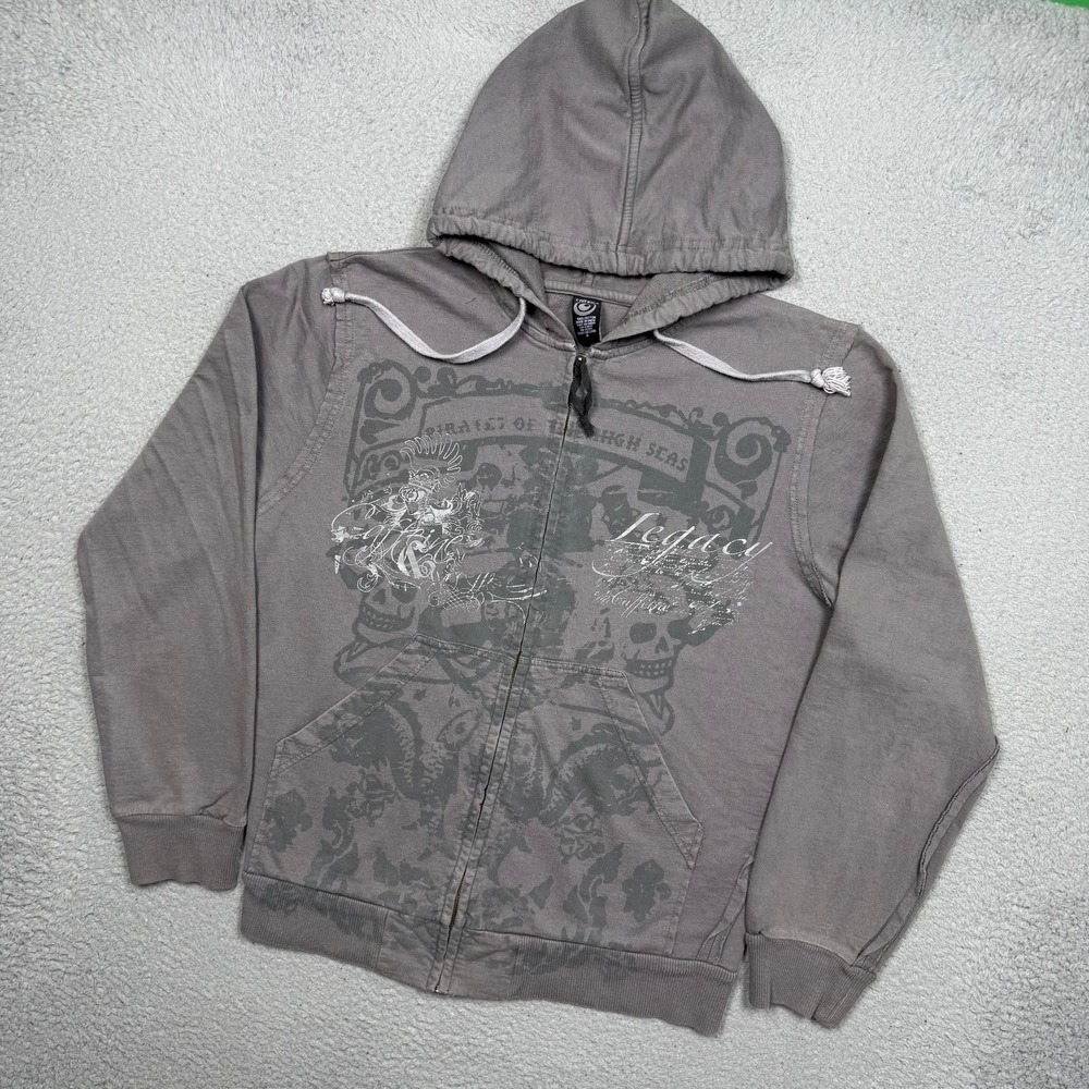 Vintage Y2K Caffeine Pirates of the High Seas Skull Zip Up Sweatshirt